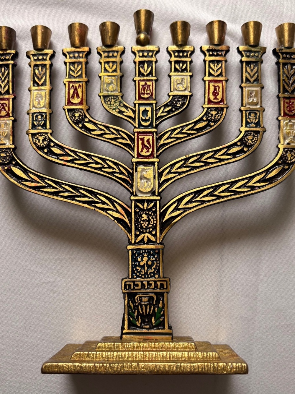 Vtg Israel Brass Enamel Hanukkah Menorah 9 Branch 12 Tribes Judaica Mid-Century